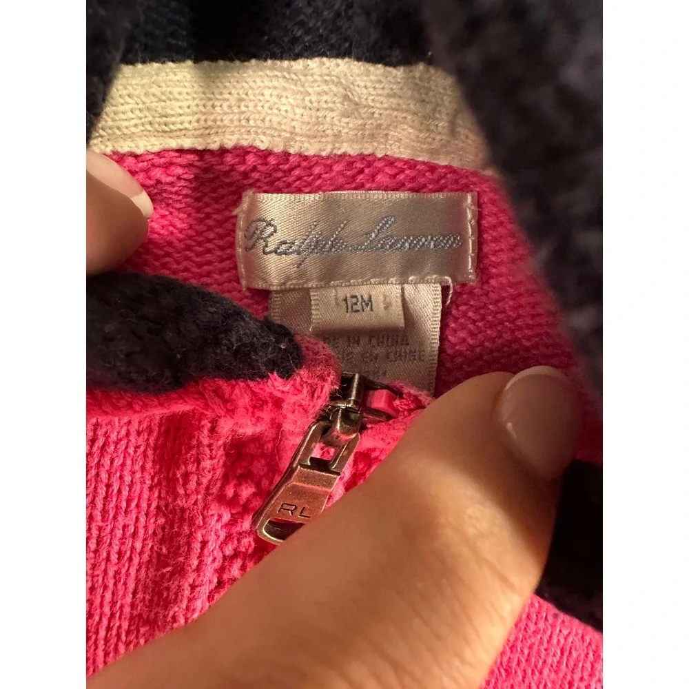 Ralph Lauren Knit Full Zip Hooded Sweater 12M Pink Navy Blue Colorblock Kids